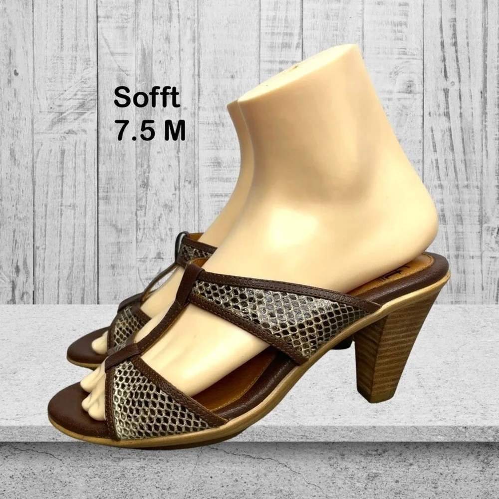 Sofft Brown Leather Snakeskin Print T Strap‎ Heeled Sandals Slides Size 7.5 M